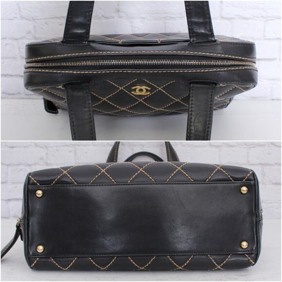 Chanel Wild Stitch Black Lambskin Leather Handbag Satchel Purse A5529 - Picture 7 of 11